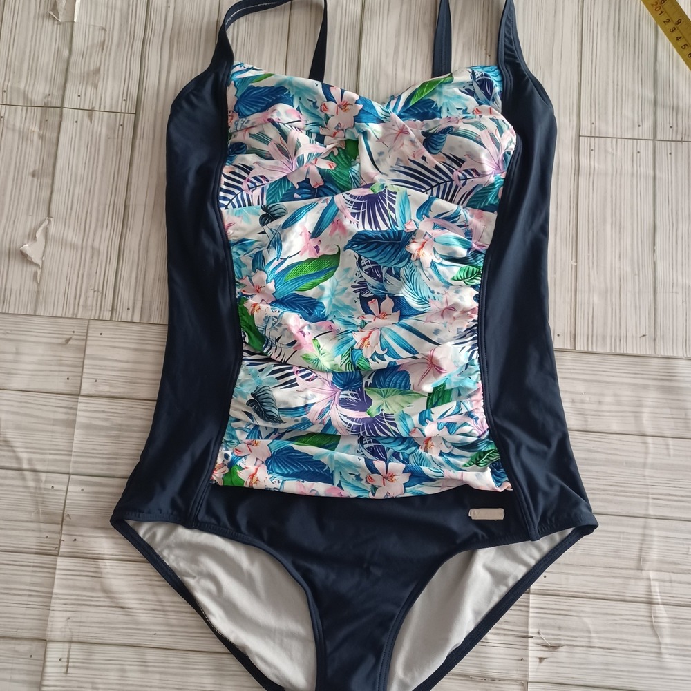 Tropical Floral Ruched Tankini Top Navy Blue Pink White Halter Swimwear Women